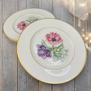 Lamberton Ivory China Round 7.5inch Plate Dish Set 4 Floral Gold Trim Plates USA